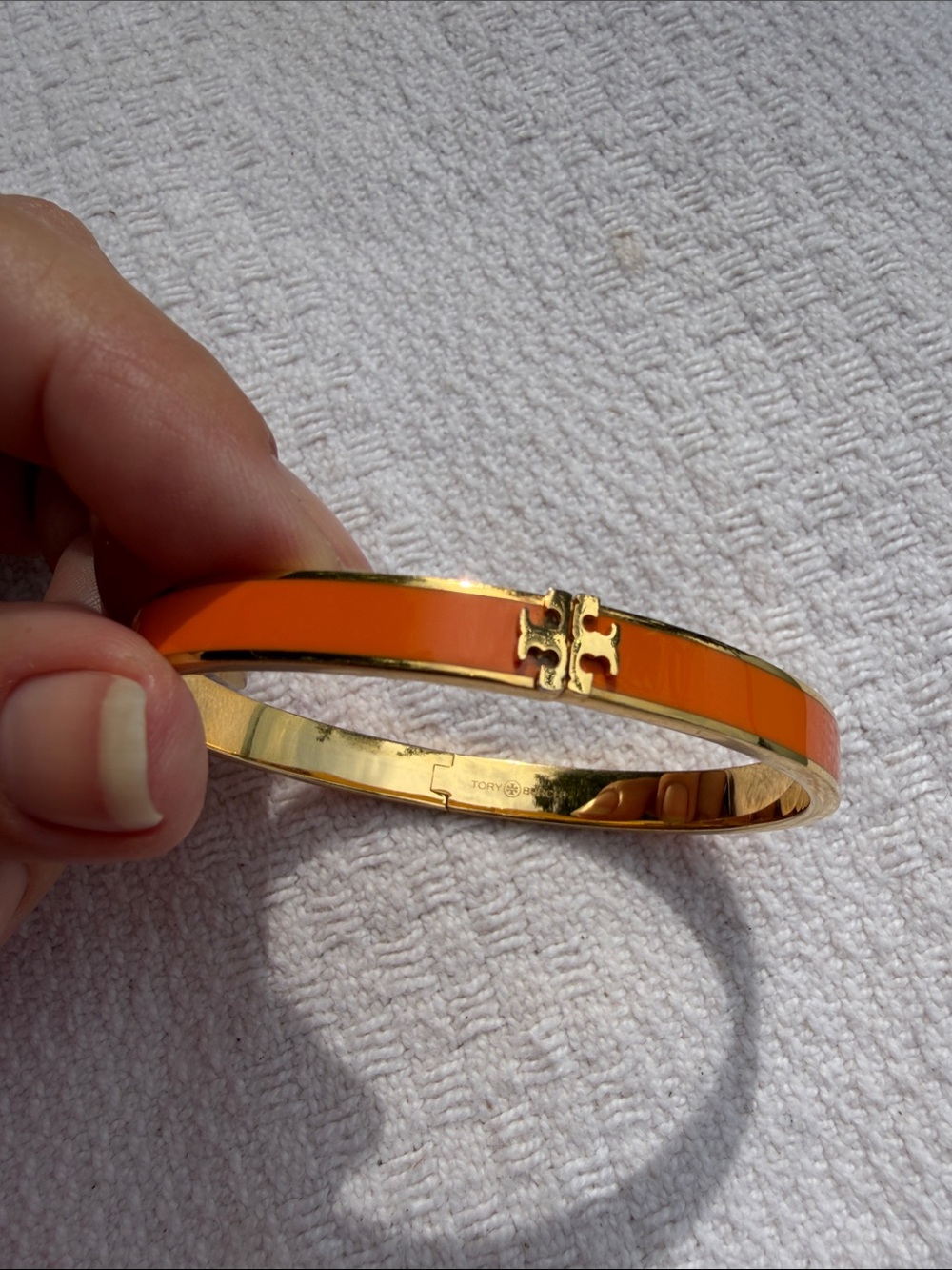 Tory Burch Orange Enamel Gold-Tone Logo Hinged Bangle Bracelet